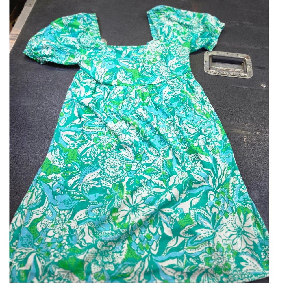 Lilly Pulitzer Green Blue Floral Cotton Puff Sleeve Smocked Back Dress Bougy Sm
